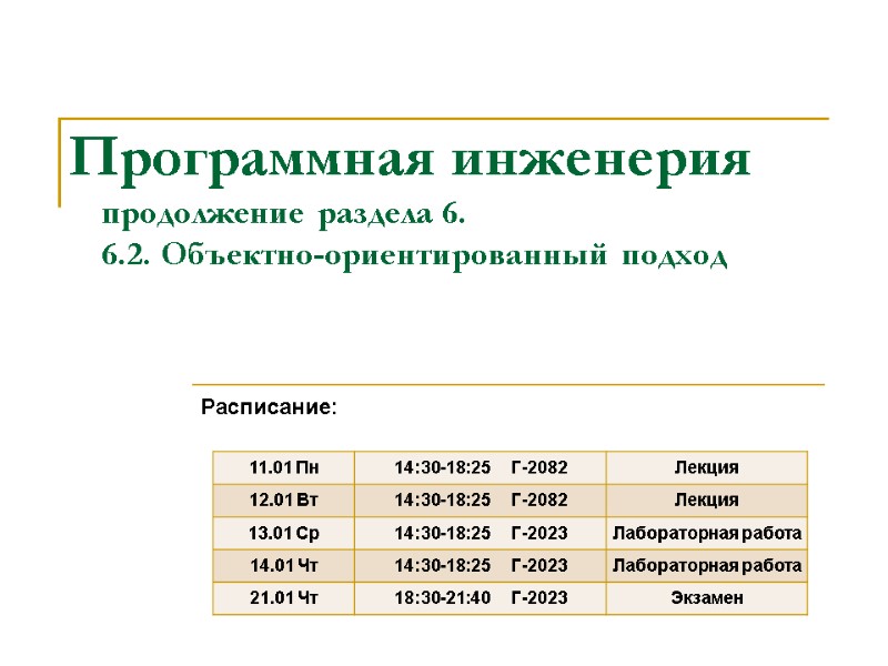 Программная инженерия продолжение раздела 6. 6.2. Объектно-ориентированный подход    Расписание: